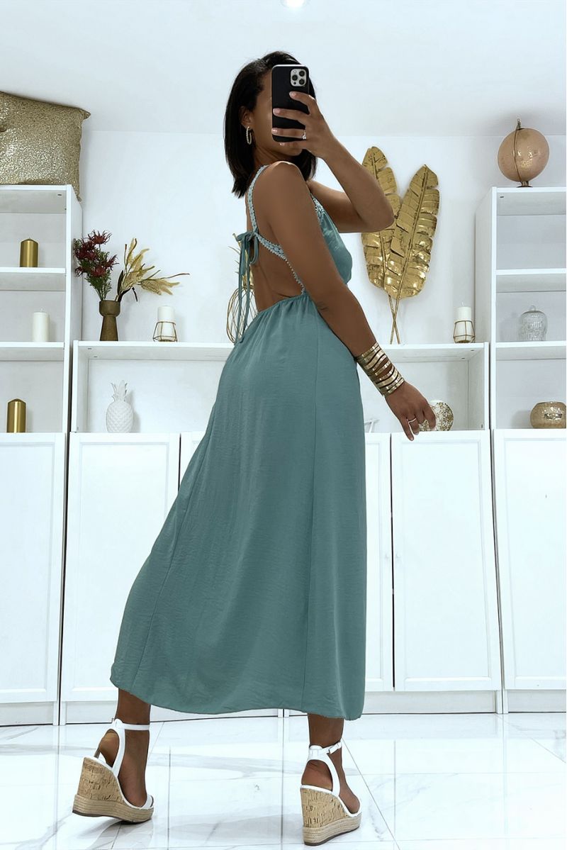 Long water green dress with straps and crossed lace - 5