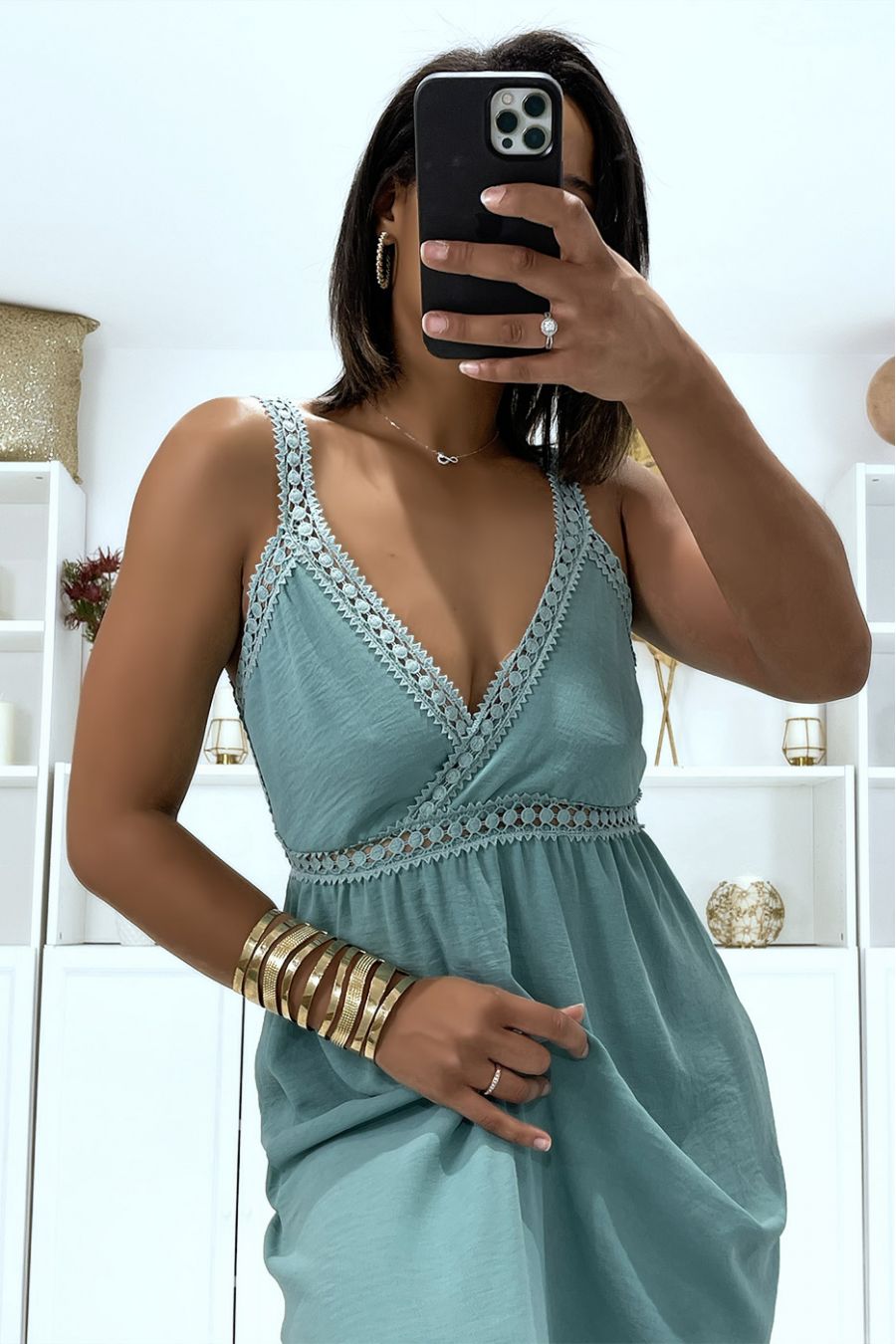 Long water green dress with straps and crossed lace - 6