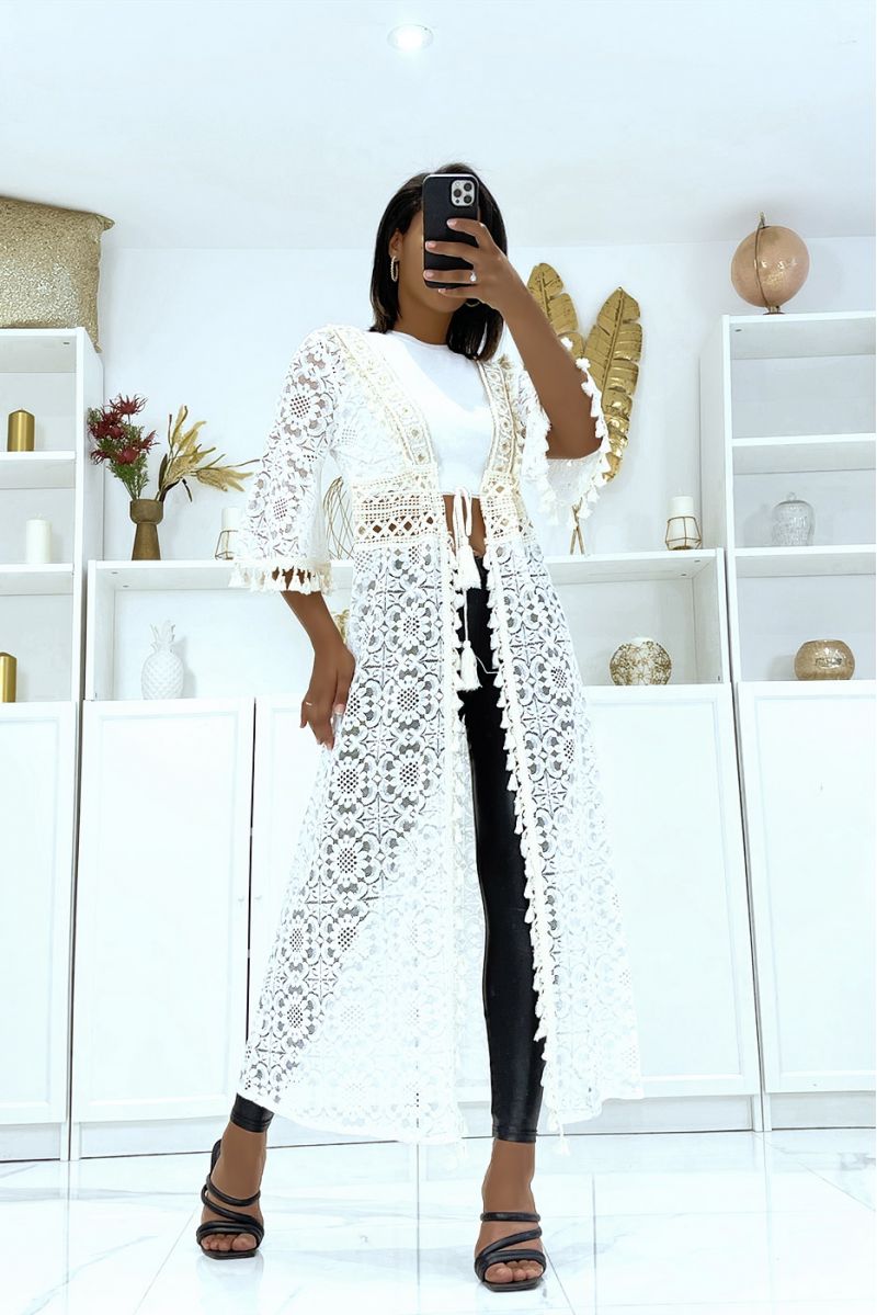 Lange witte en beige kimono volledig gehaakt met koordriem - 2