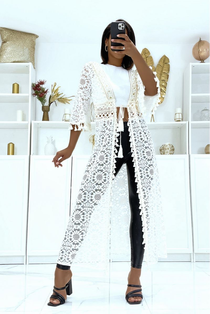 Long white and beige kimono entirely in crochet with cord belt - 3