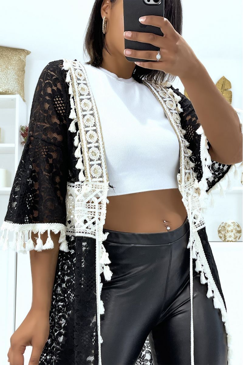 Long kimono noir et beige entièrement en crochet avec ceinture cordon - 1