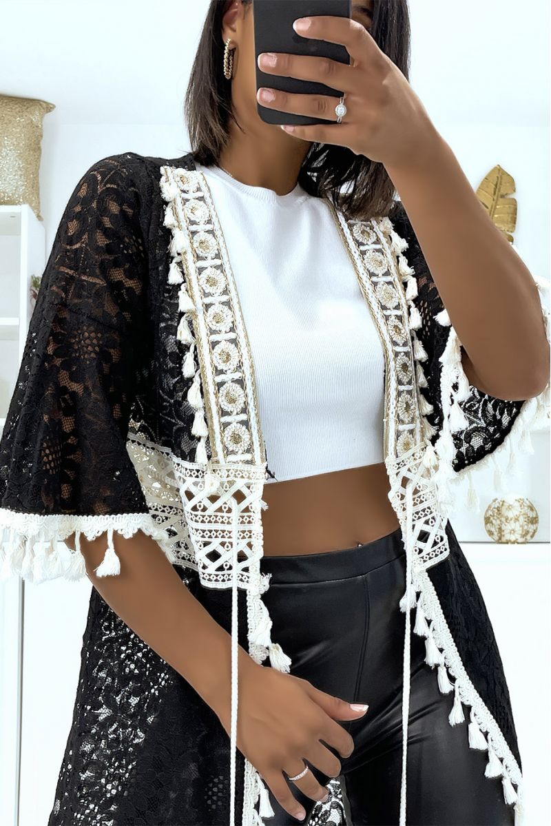 Long kimono noir et beige entièrement en crochet avec ceinture cordon - 2
