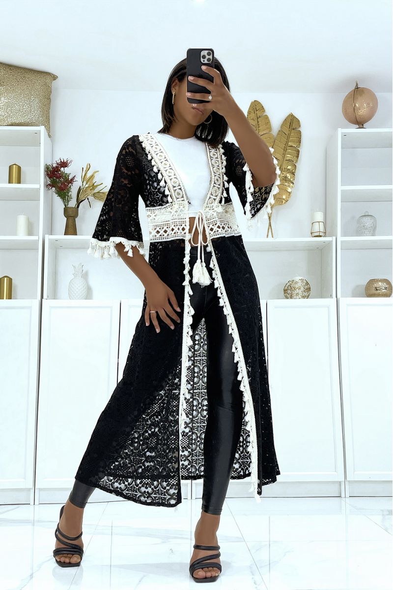 Long black and beige kimono entirely in crochet with cord belt - 3