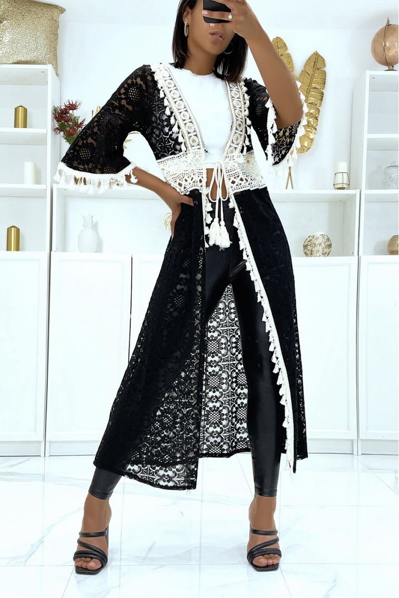Long black and beige kimono entirely in crochet with cord belt - 4