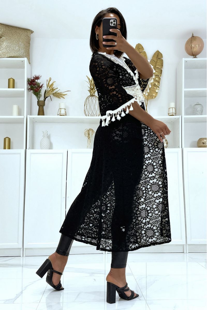 Long kimono noir et beige entièrement en crochet avec ceinture cordon - 5