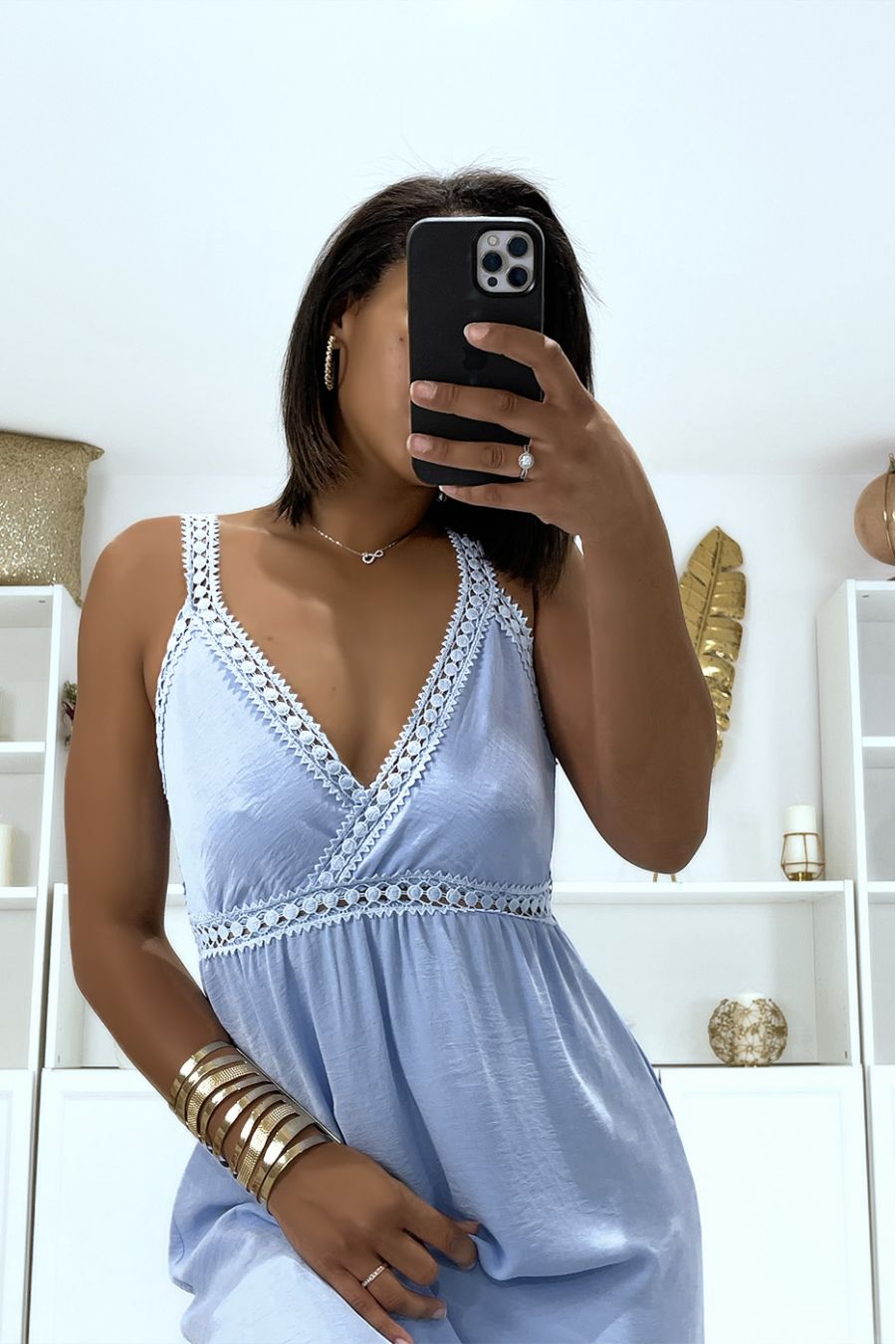 Long strappy turquoise dress with crossed lace - 1