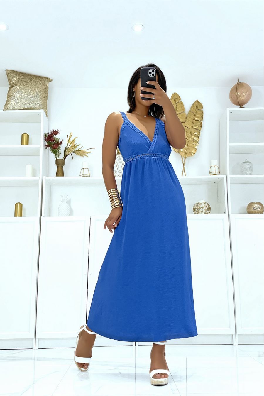 Long royal strappy dress with crossed lace - 2