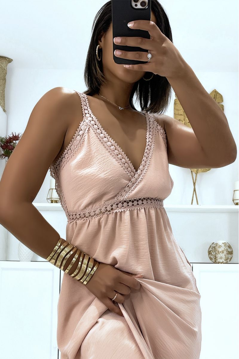 Long pink strappy dress with crossed lace - 1