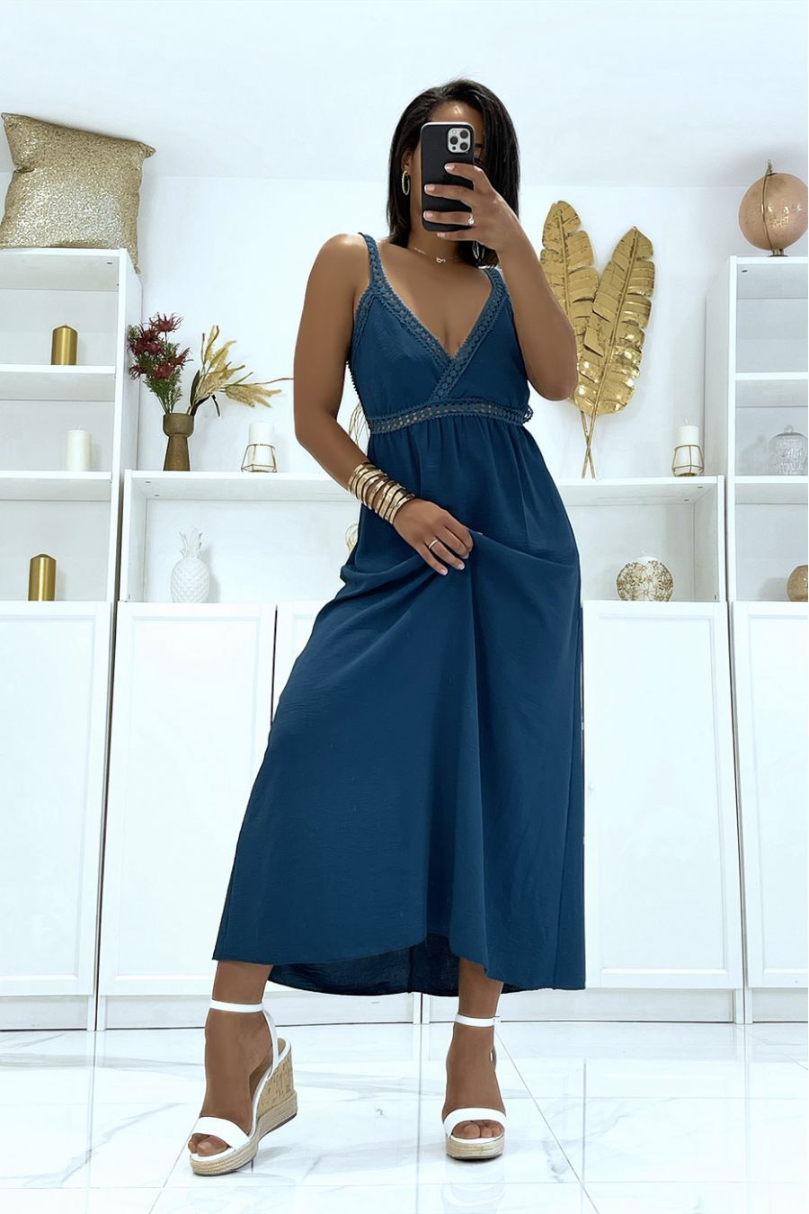 Long teal green dress with straps and crossed lace - 2