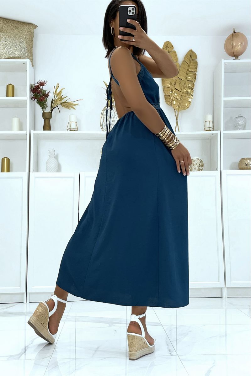 Long teal green dress with straps and crossed lace - 3