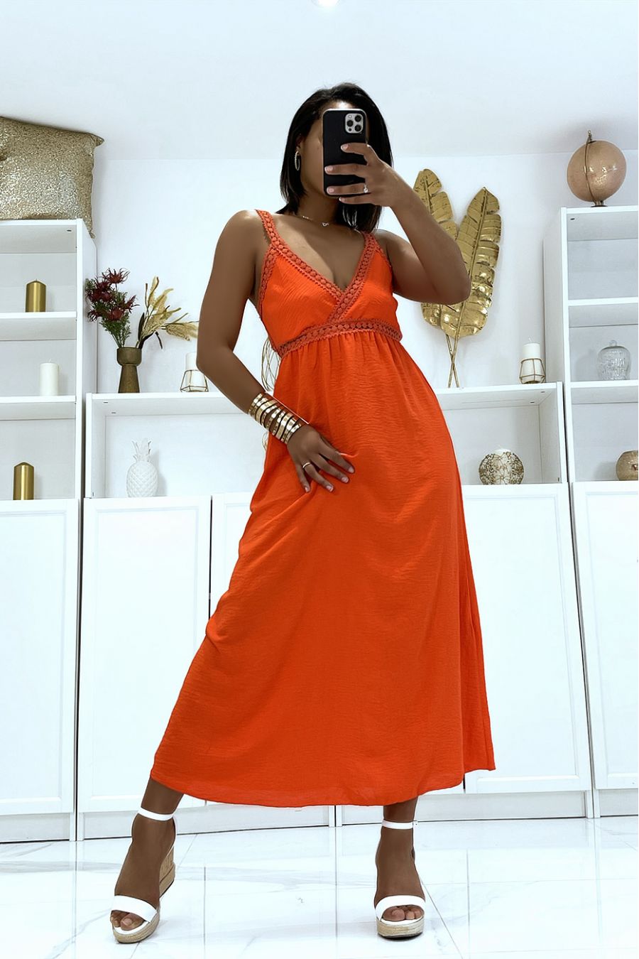 Long orange strappy dress with crossed lace - 1