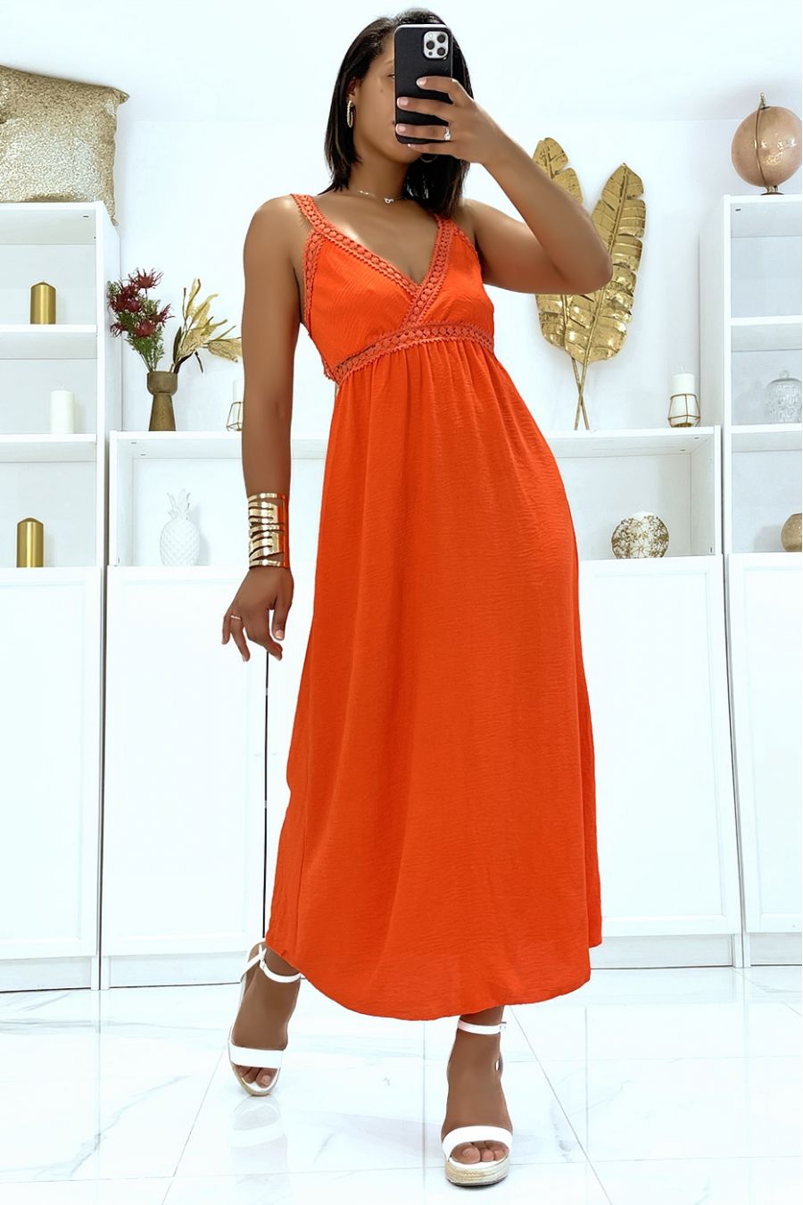 Lange oranje strappy jurk met gekruiste kant - 3