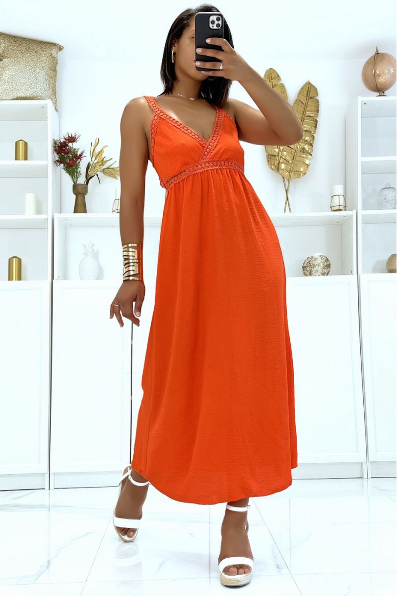 Long orange strappy dress with crossed lace - 3
