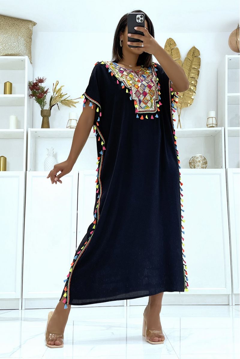 Very light black djellaba dress to wear with pretty sequins and pompoms - 2