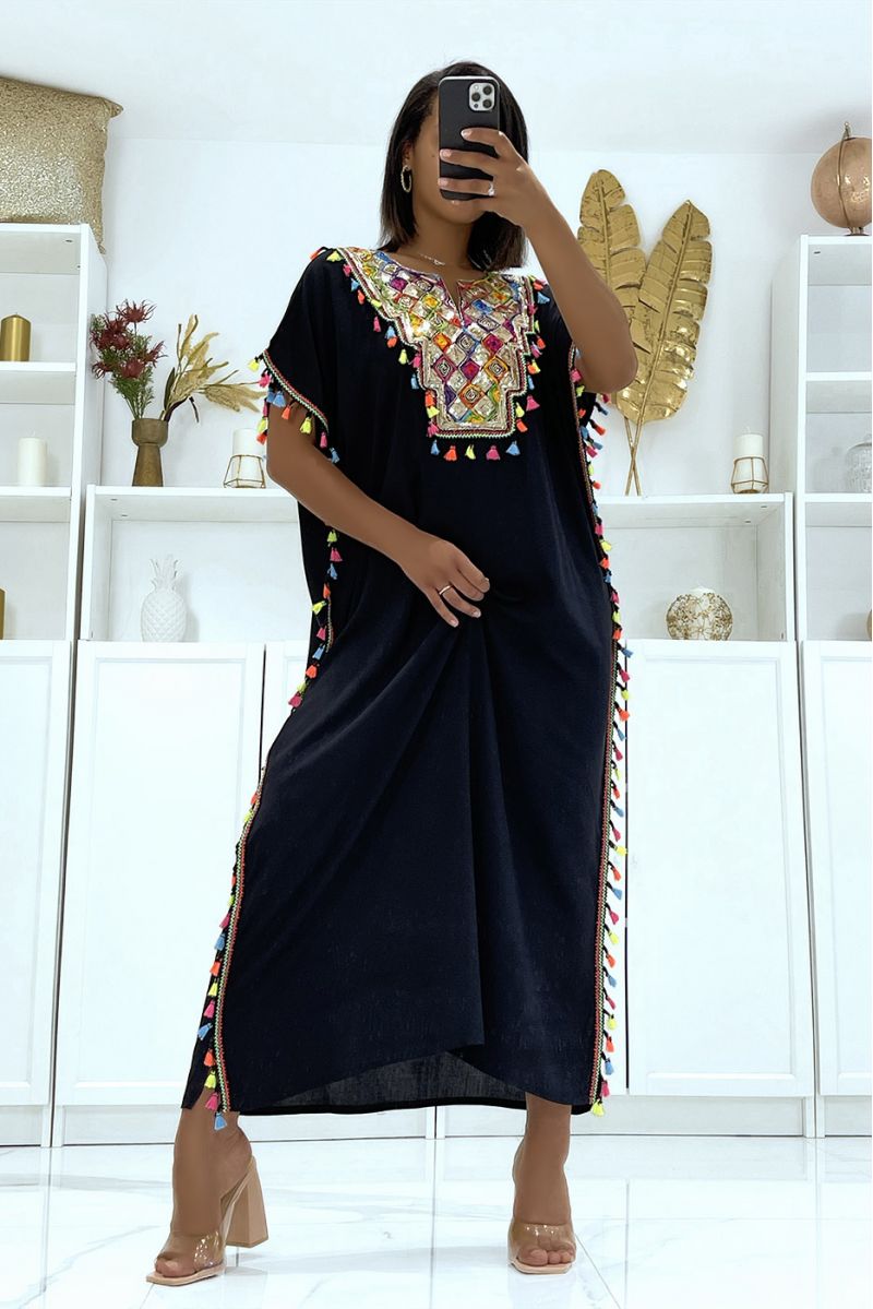Very light black djellaba dress to wear with pretty sequins and pompoms - 3