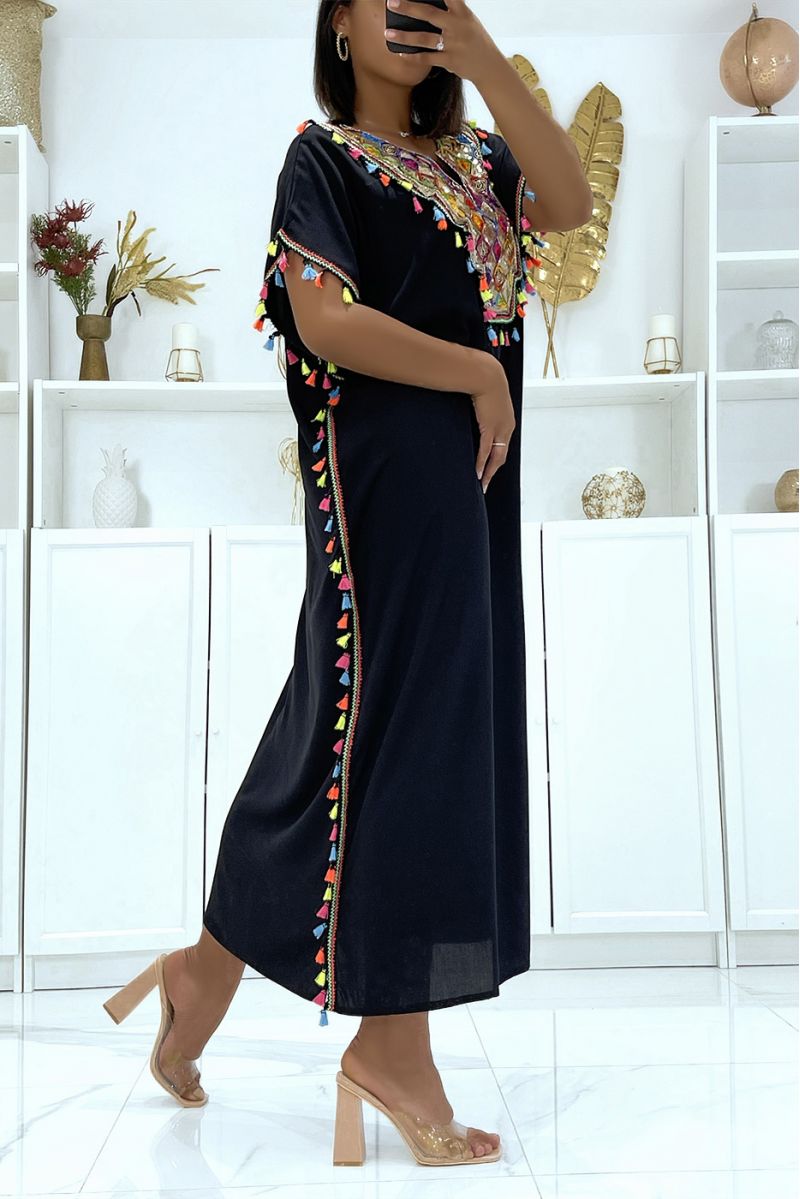 Very light black djellaba dress to wear with pretty sequins and pompoms - 4