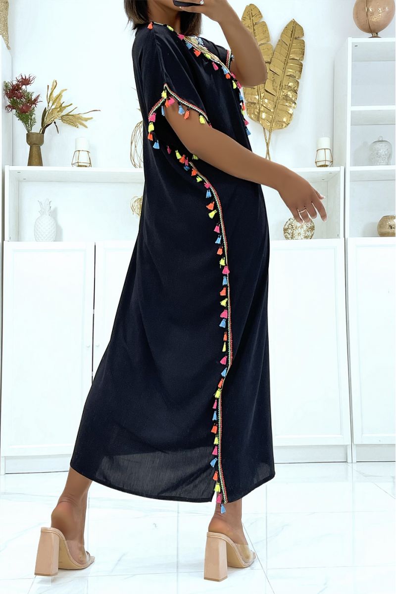 Very light black djellaba dress to wear with pretty sequins and pompoms - 5