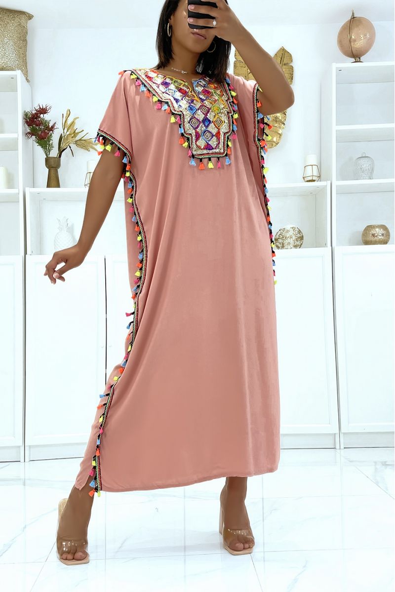 Robe djellaba rose très légère à porter avec jolie sequins et pompons   - 2
