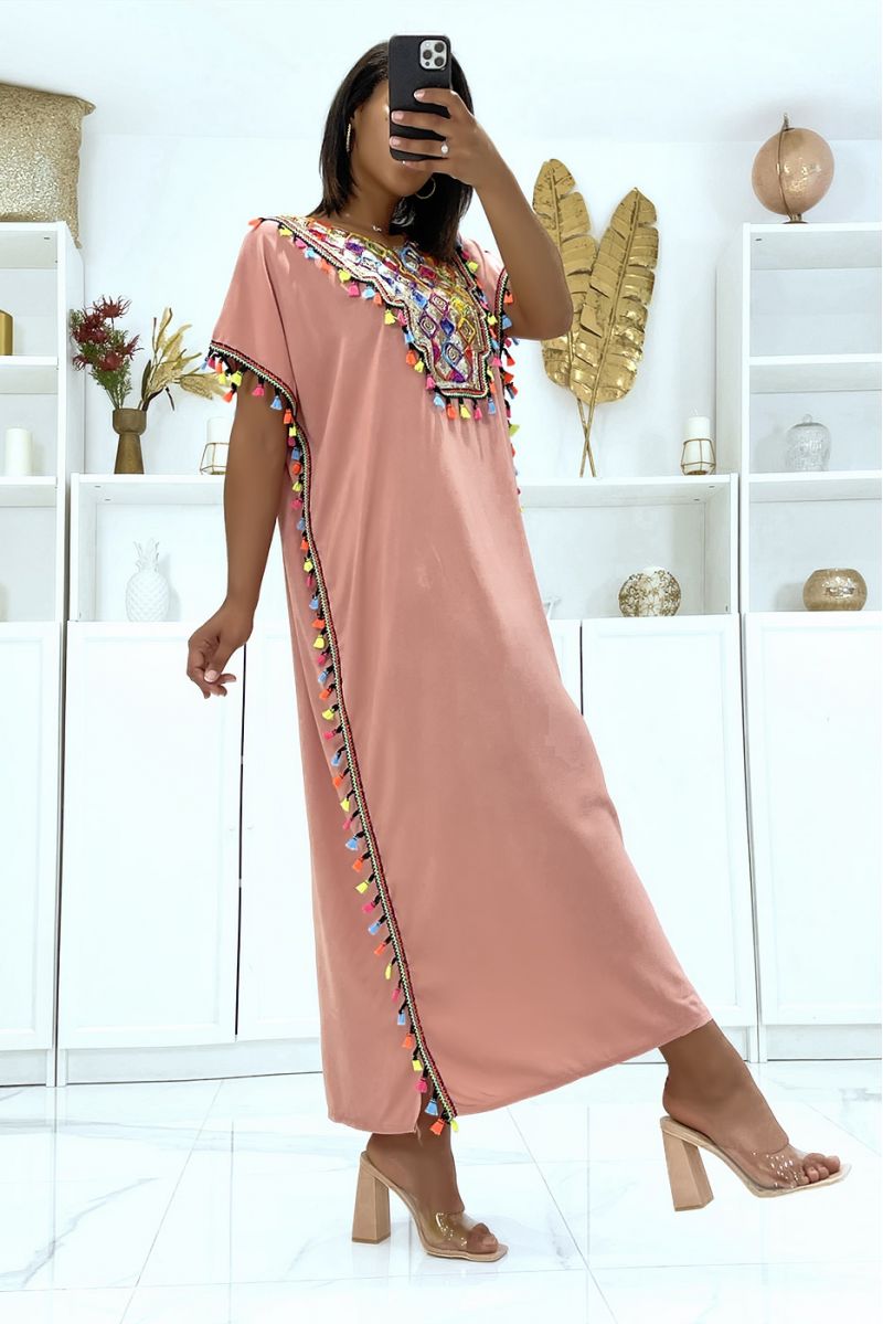 Zeer lichtroze djellaba-jurk om te dragen met mooie pailletten en pompons - 3