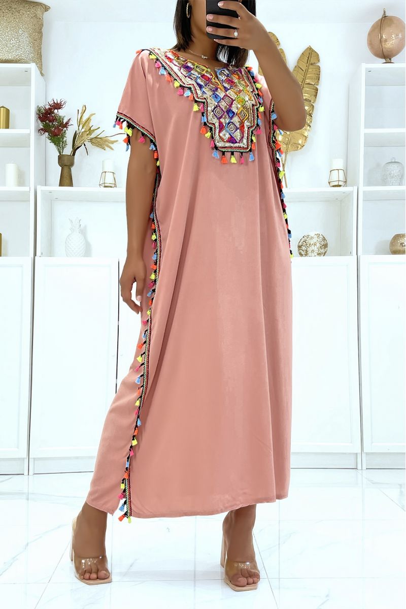 Robe djellaba rose très légère à porter avec jolie sequins et pompons   - 4