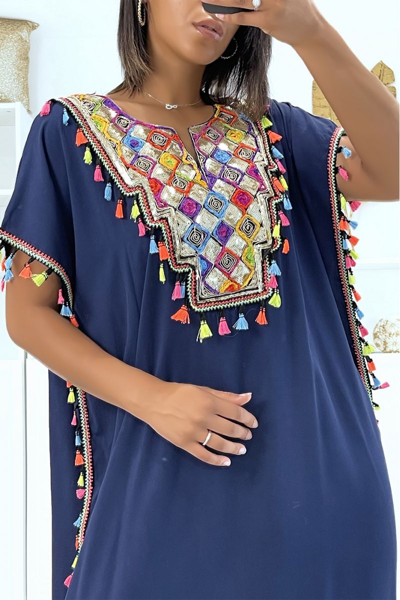 Very light navy djellaba dress to wear with pretty sequins and pompoms - 1