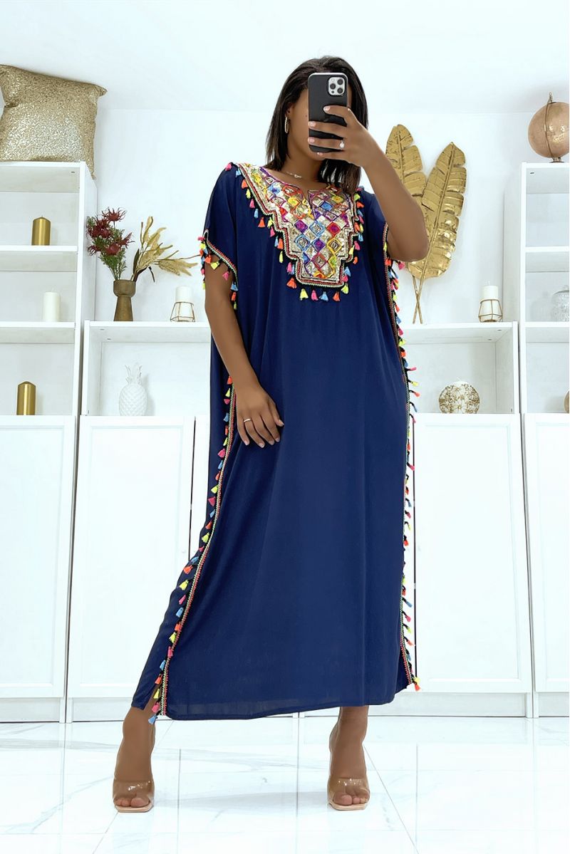 Very light navy djellaba dress to wear with pretty sequins and pompoms - 2