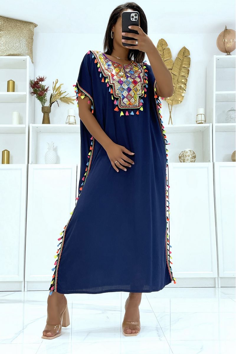 Very light navy djellaba dress to wear with pretty sequins and pompoms - 3