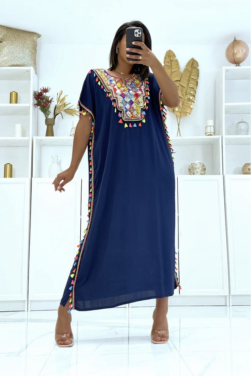 Very light navy djellaba dress to wear with pretty sequins and pompoms - 4