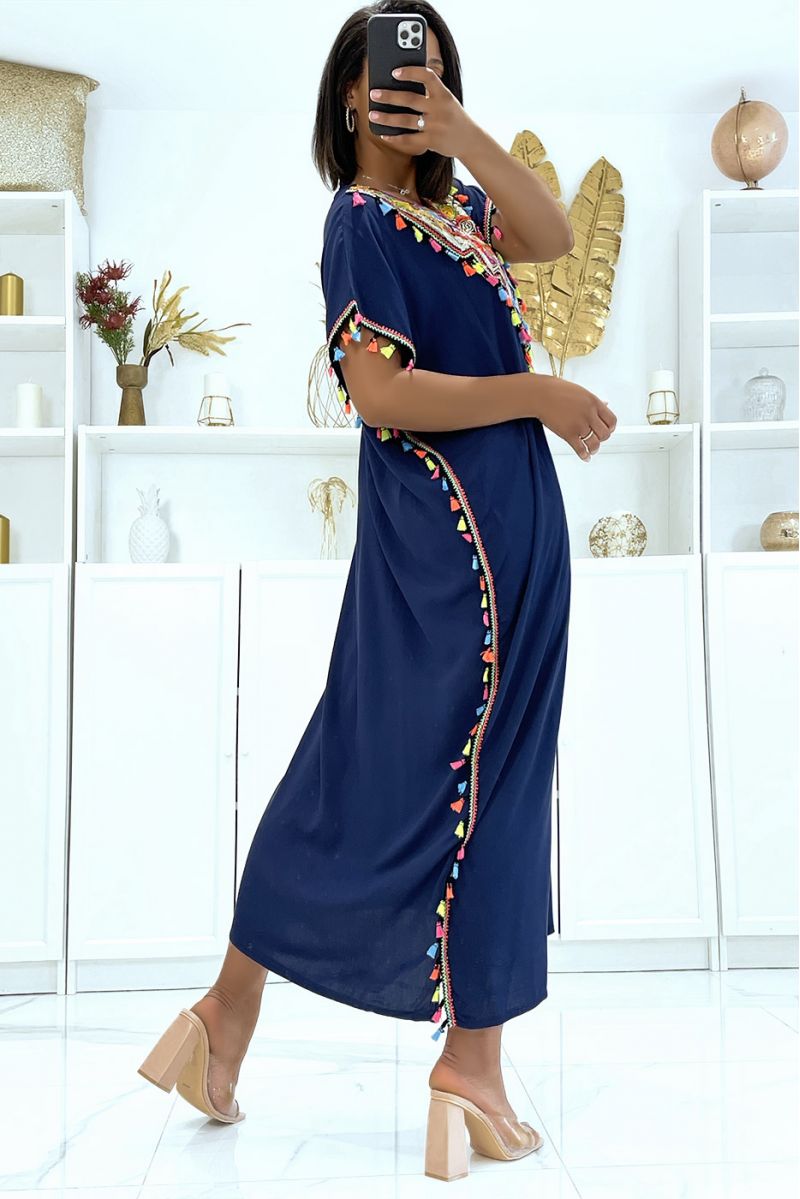 Robe djellaba marine très légère à porter avec jolie sequins et pompons   - 5