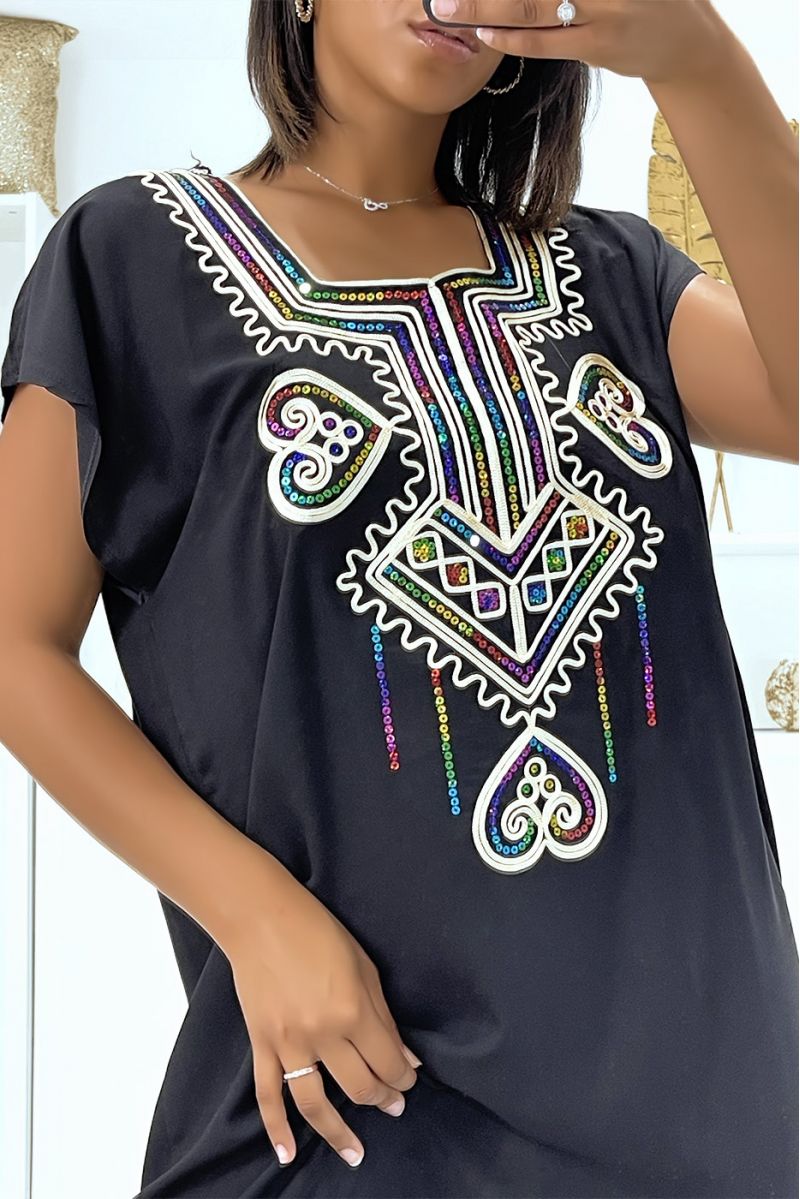 Very light black djellaba dress to wear with pretty embroidery and sequins - 1