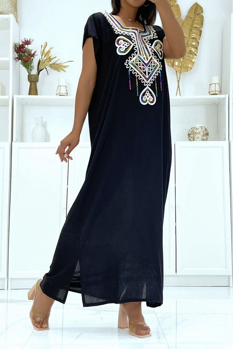 Very light black djellaba dress to wear with pretty embroidery and sequins - 4