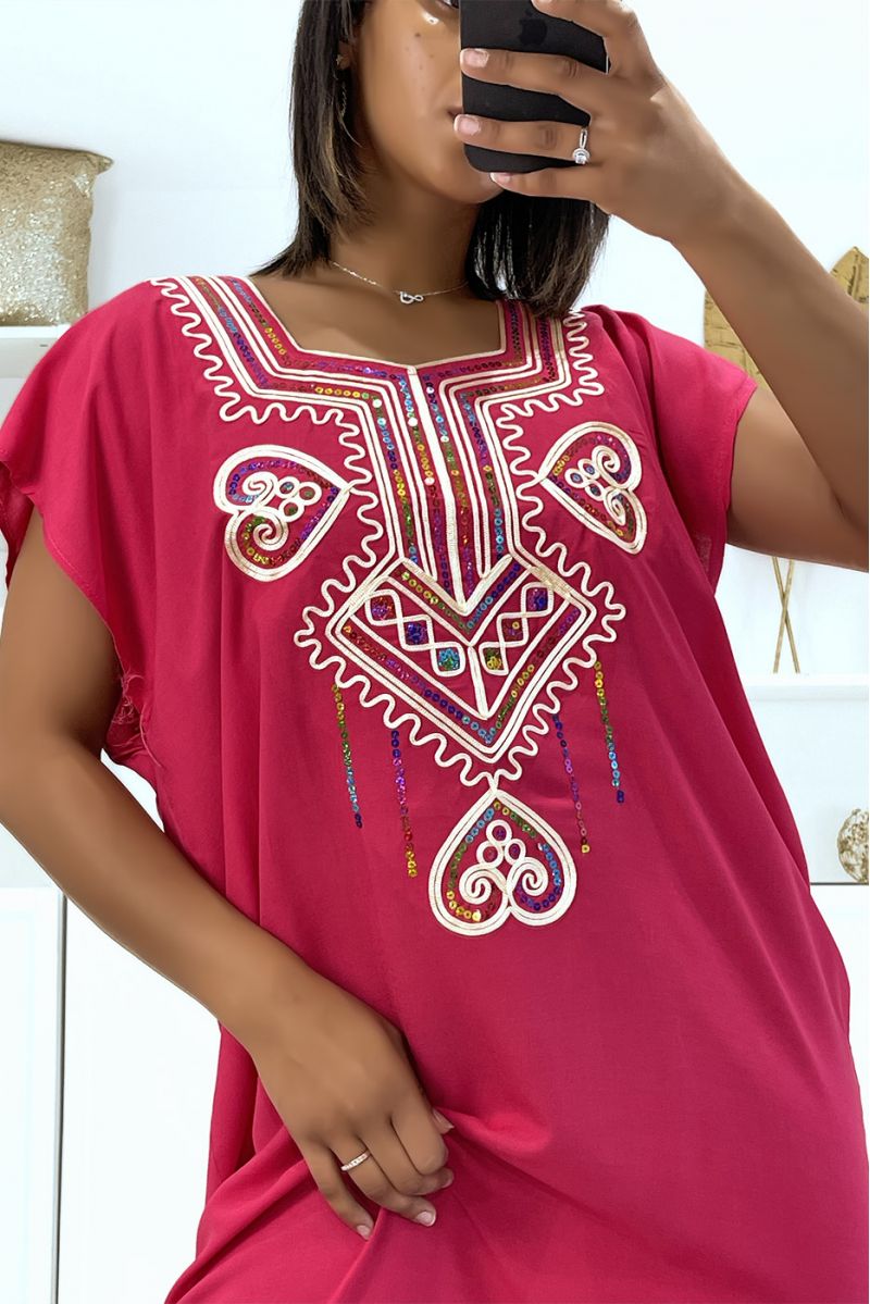 Very light fuchsia djellaba dress to wear with pretty embroidery and sequins - 1
