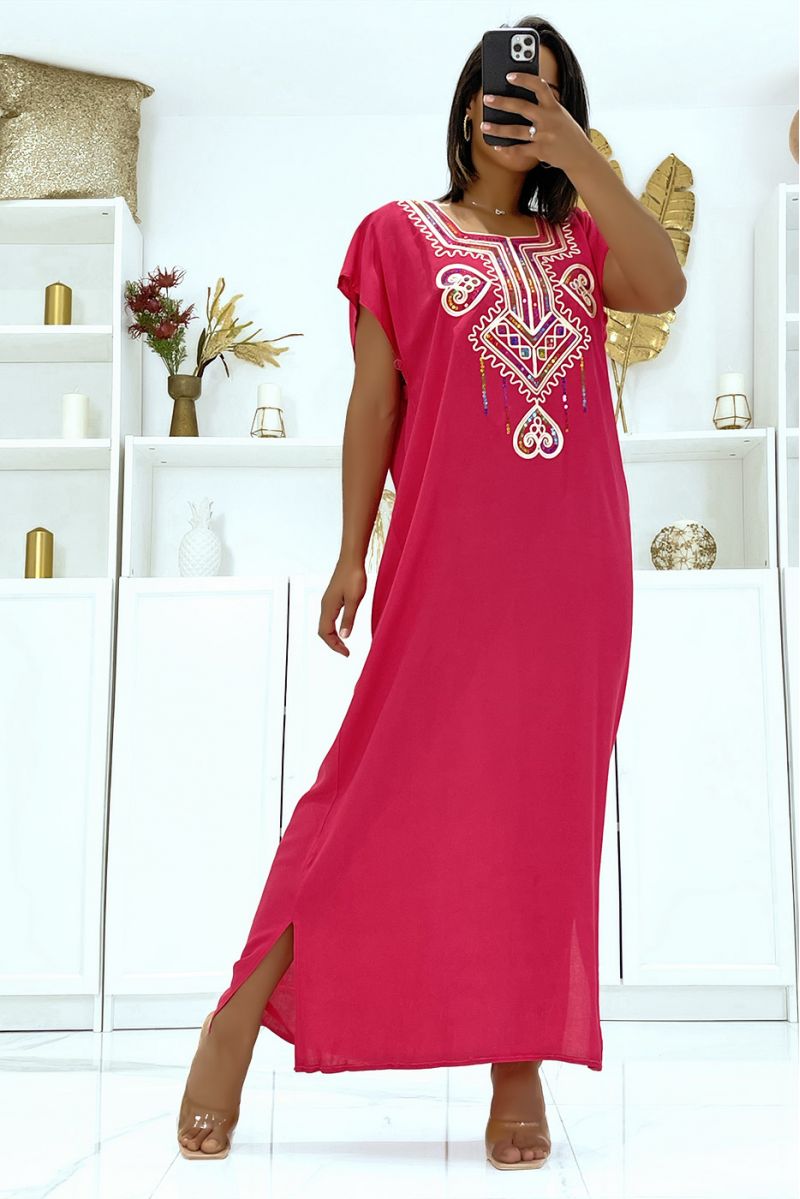 Very light fuchsia djellaba dress to wear with pretty embroidery and sequins - 2