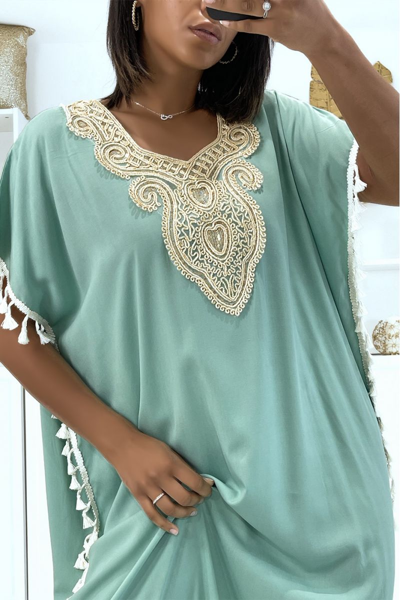 Sea green djellaba dress very light to wear with pretty embroidery and pompoms on the sides - 1