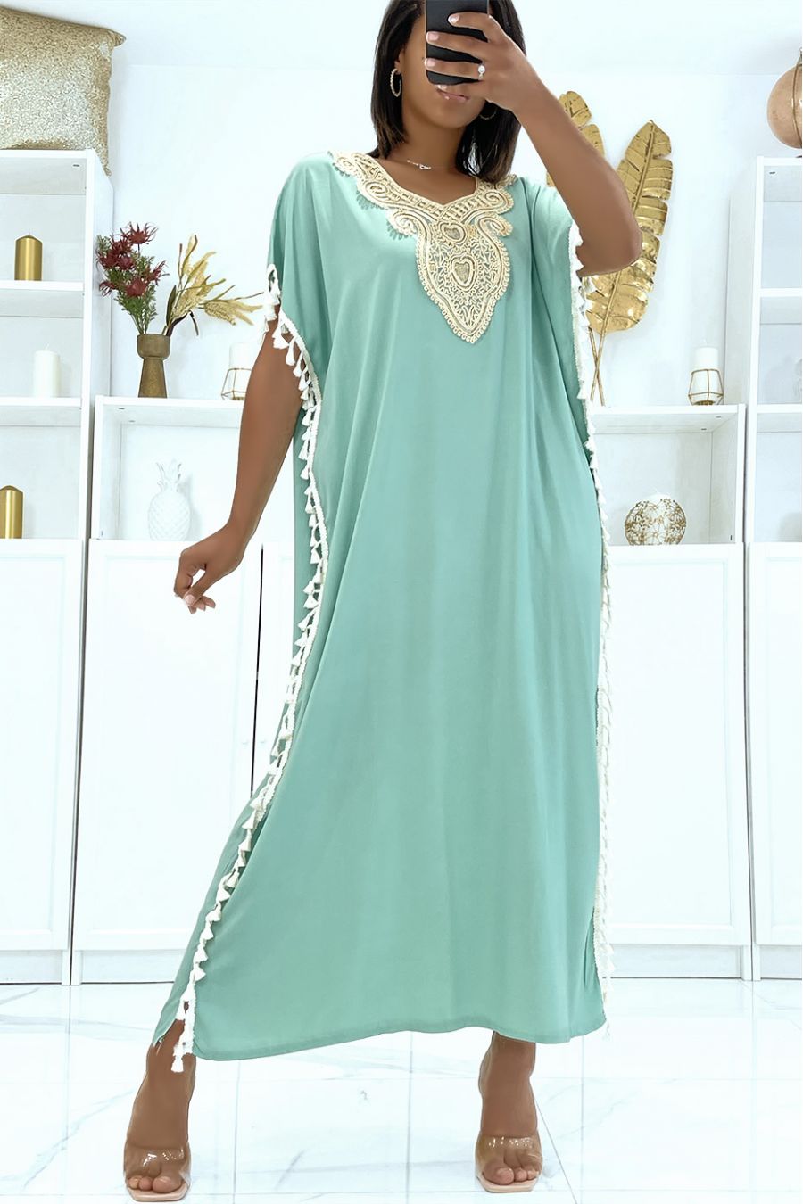 Sea green djellaba dress very light to wear with pretty embroidery and pompoms on the sides