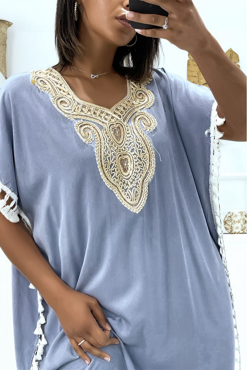 Very light light blue djellaba dress to wear with pretty embroidery and pompoms on the sides - 1