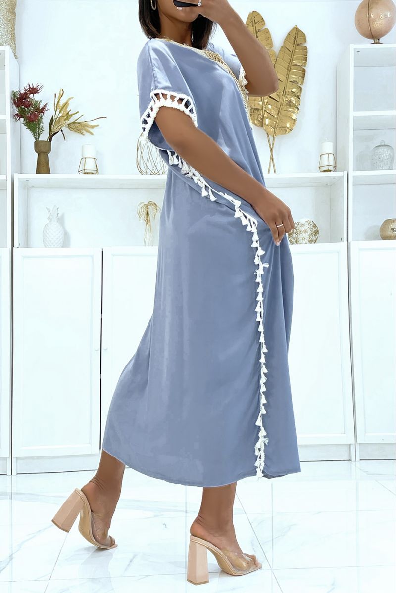 Very light light blue djellaba dress to wear with pretty embroidery and pompoms on the sides - 4