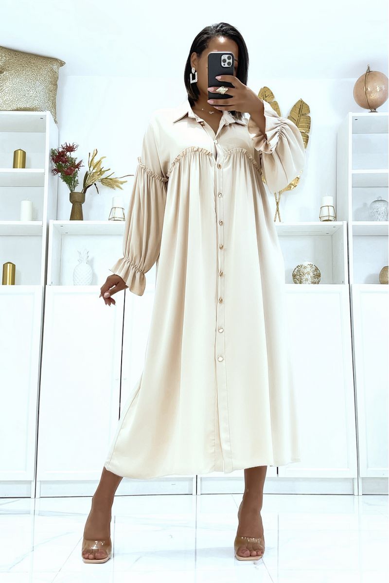 Beige satin dress with button and puff sleeves - 1