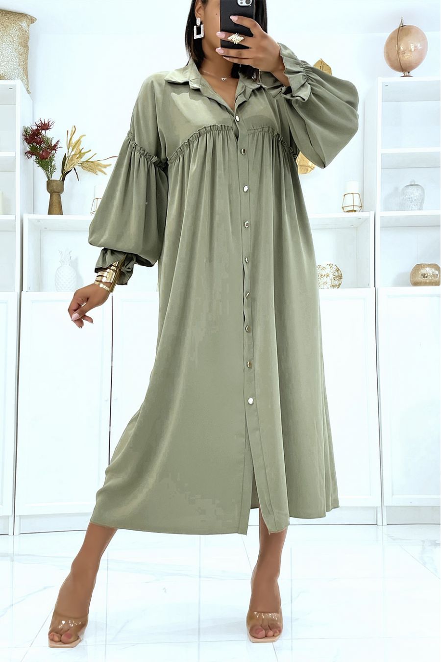 Khaki satin dress with button and puff sleeves - 1