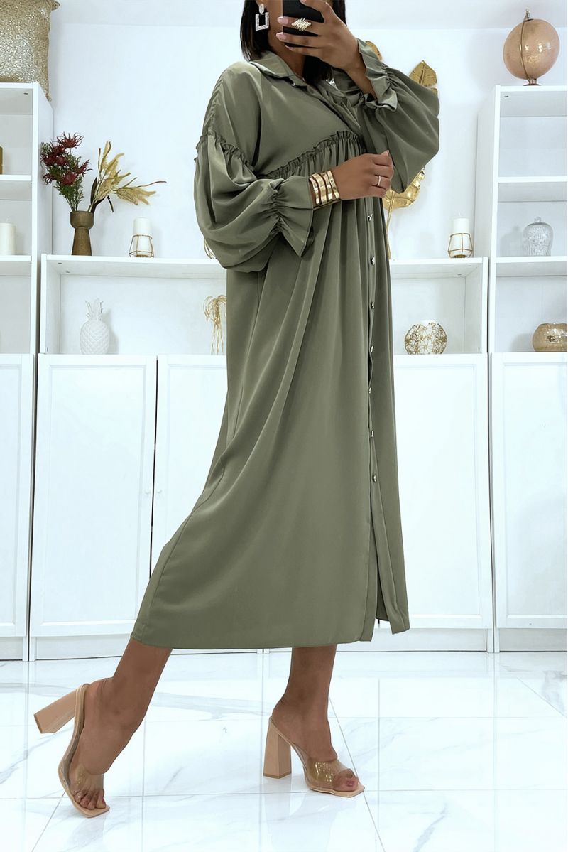 Khaki satin dress with button and puff sleeves - 2