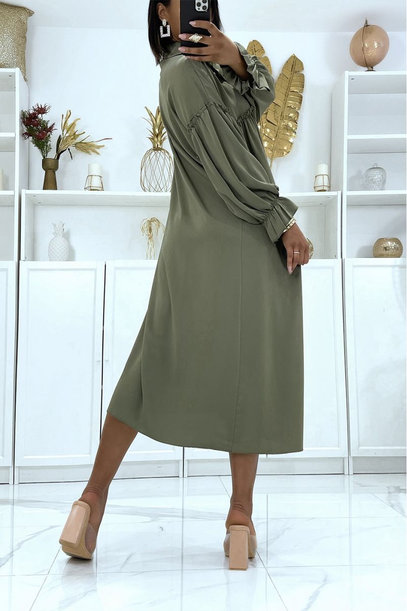 Khaki satin dress with button and puff sleeves - 3