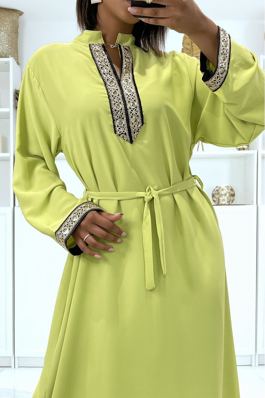 Anise green satin dress with gold embroidery and Mao collar - 1