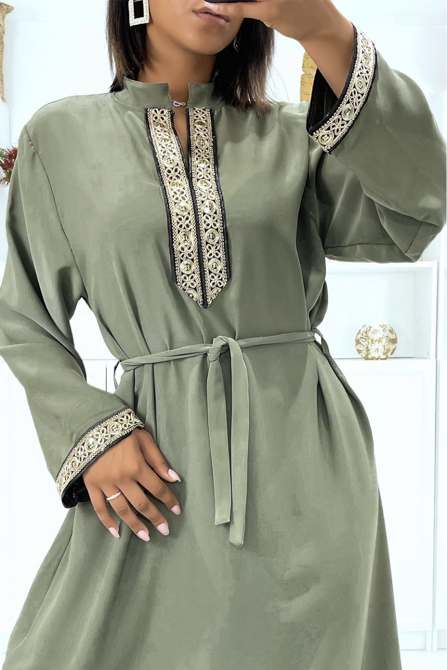Khaki satin dress with gold embroidery and mao collar - 1