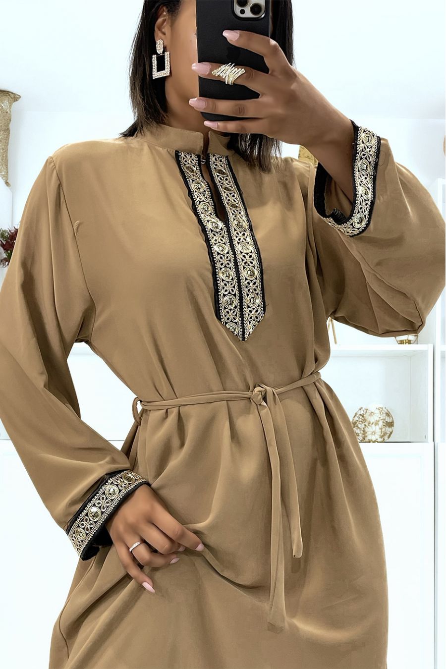 Camel satin dress with gold embroidery and mao collar - 1