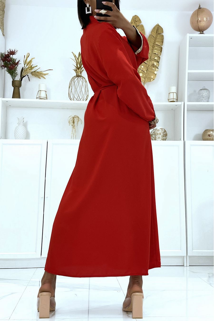 Red satin dress with gold embroidery and mao collar - 4
