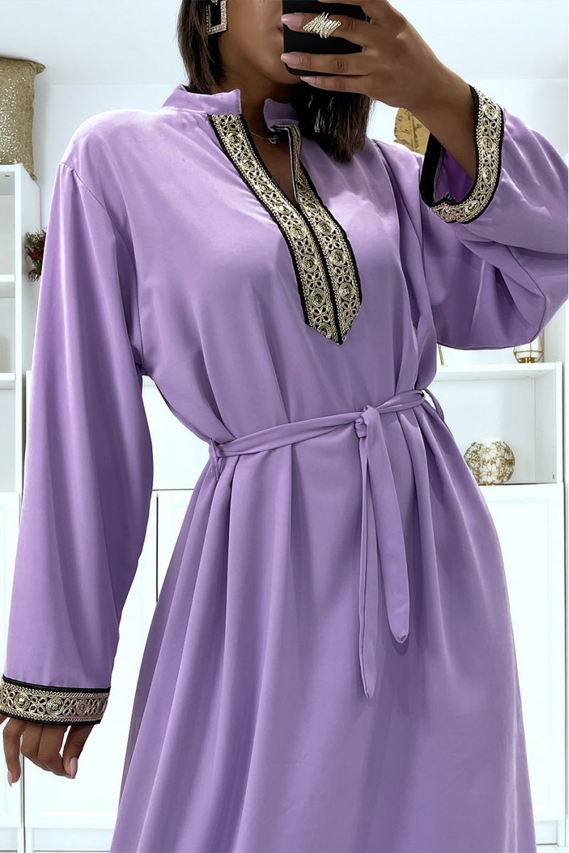 Lilac satin dress with gold embroidery and Mao collar - 1