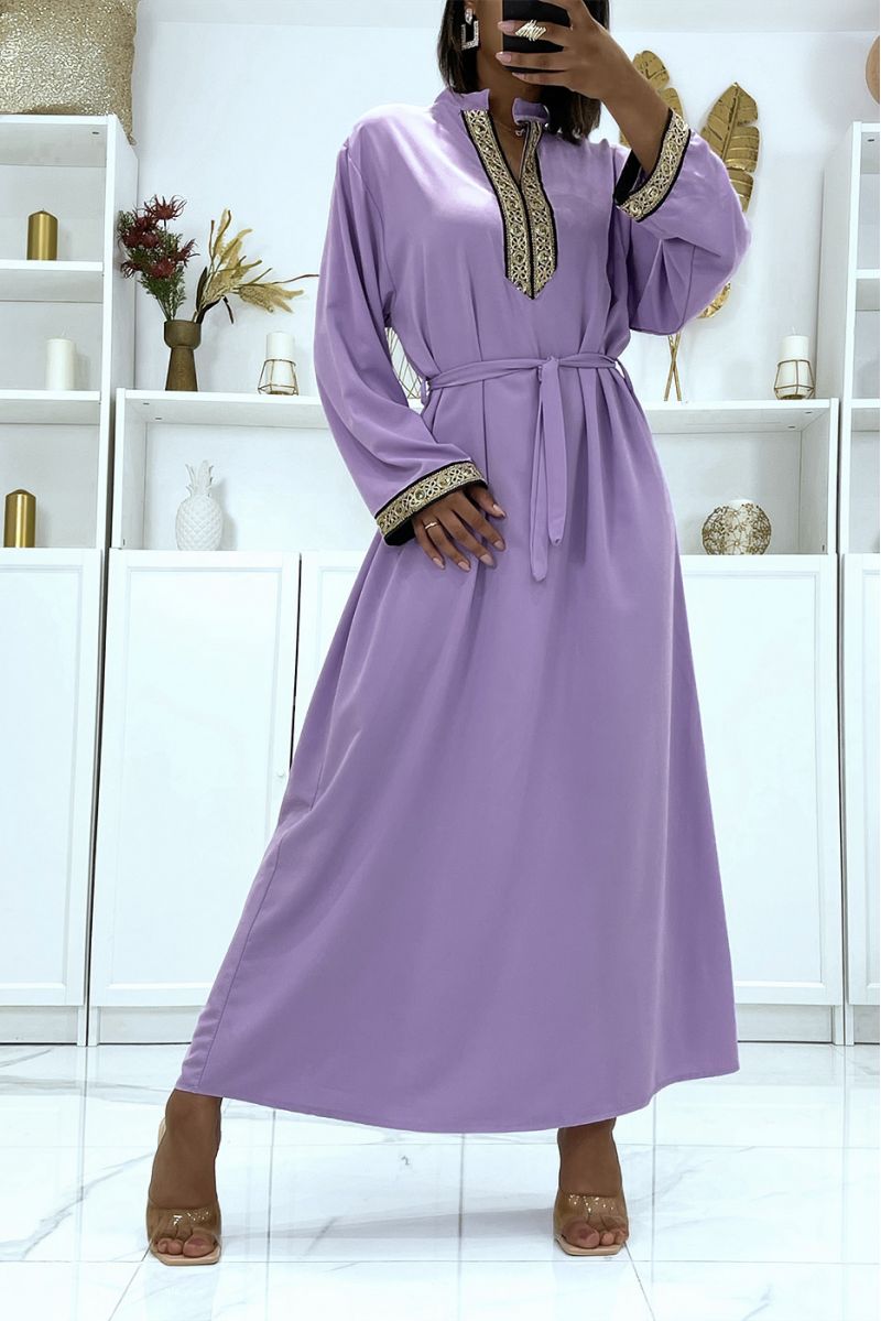 Lilac satin dress with gold embroidery and Mao collar - 2