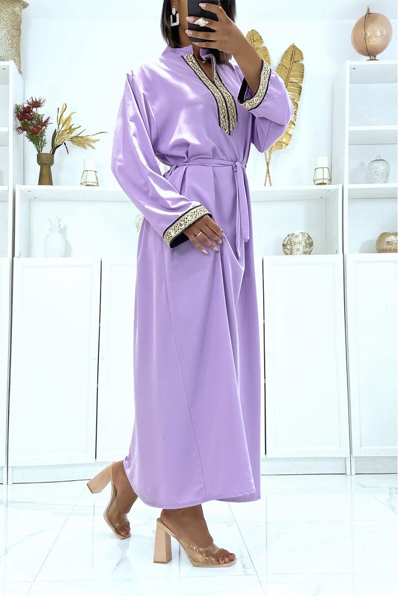 Lilac satin dress with gold embroidery and Mao collar - 3