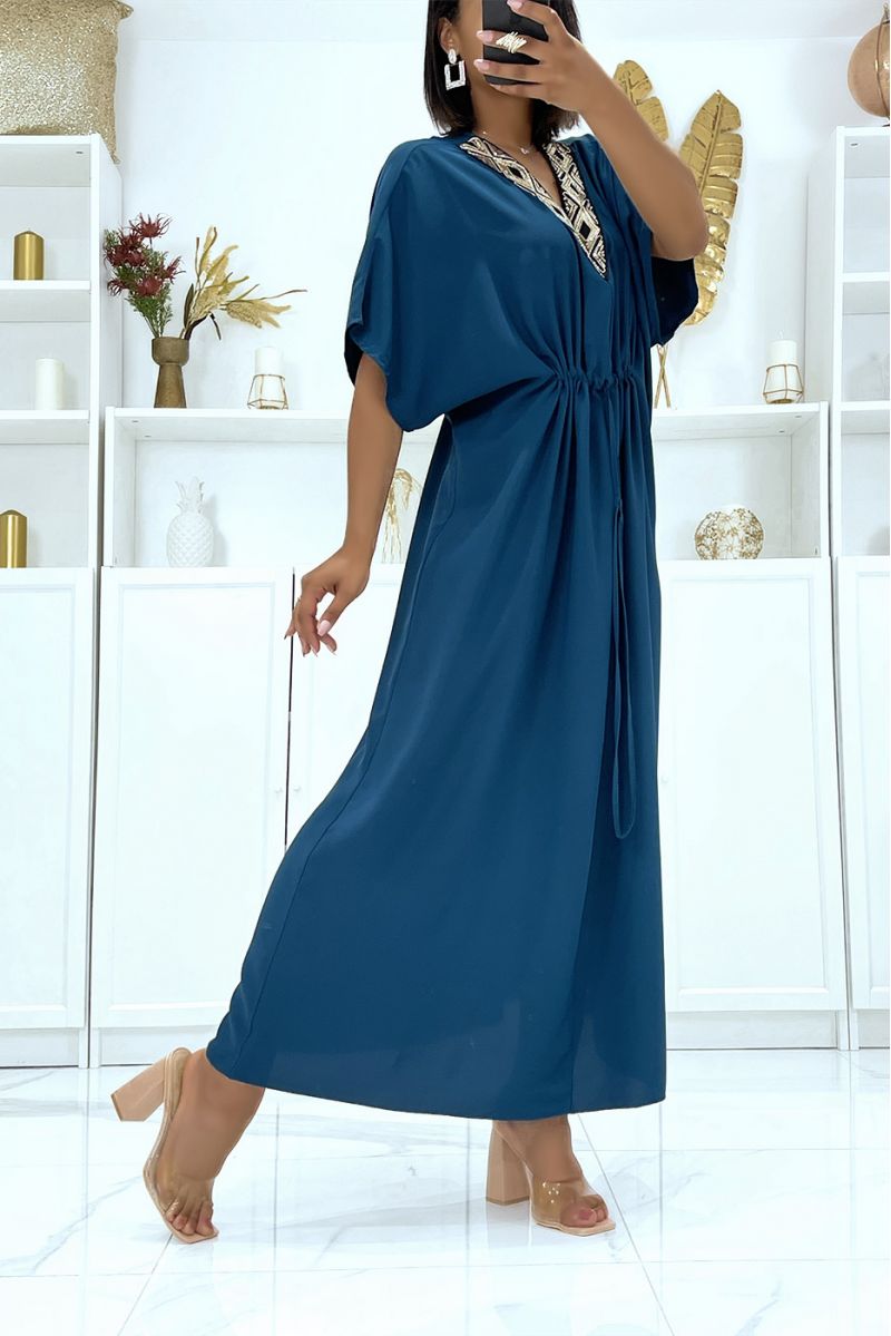 Peacock Blue Satin Dress with Adjustable Drawstring and Sequin V-Neck - 2