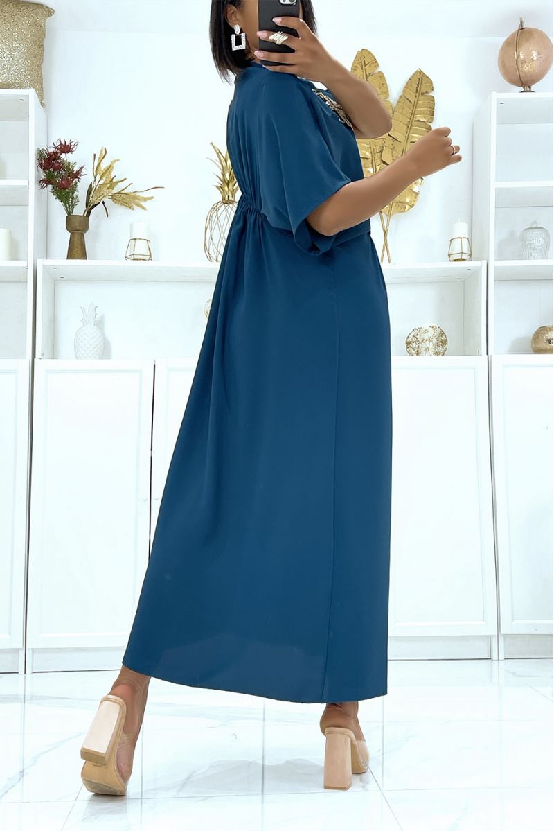 Peacock Blue Satin Dress with Adjustable Drawstring and Sequin V-Neck - 3